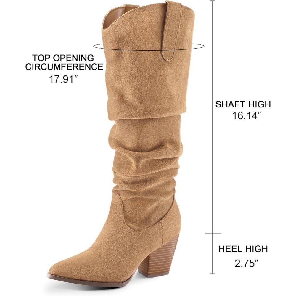 Women's Tan mysoft Cowboy Knee-High Boots Pointed Toe Mid Heel Pull On Slouchy - Picture 3 of 6
